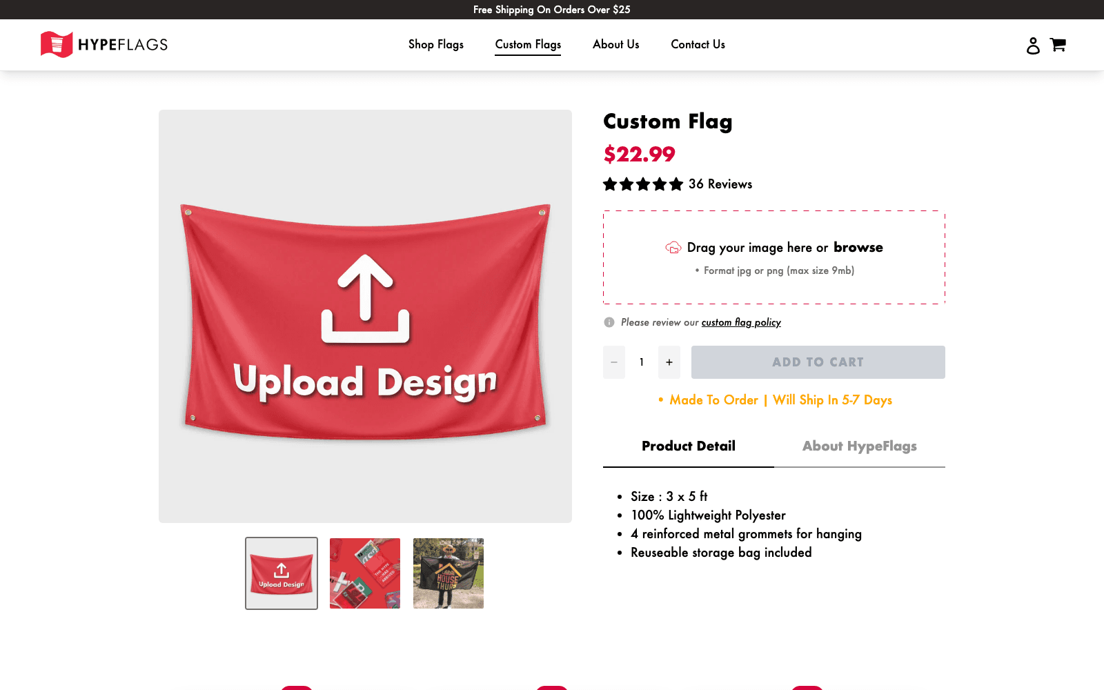 The custom flag designer — customers upload artwork, preview the flag, and order