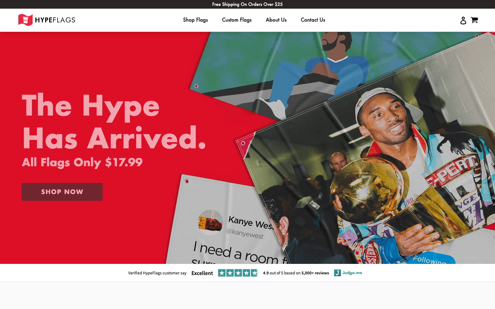 HypeFlags storefront today — hero section with custom flag designs and the 4.9/5 review bar