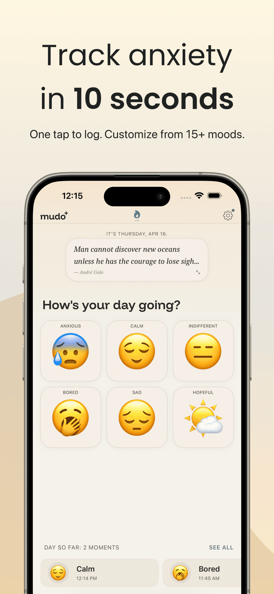 Mudo check-in screen - one tap to log a mood from 15+ options