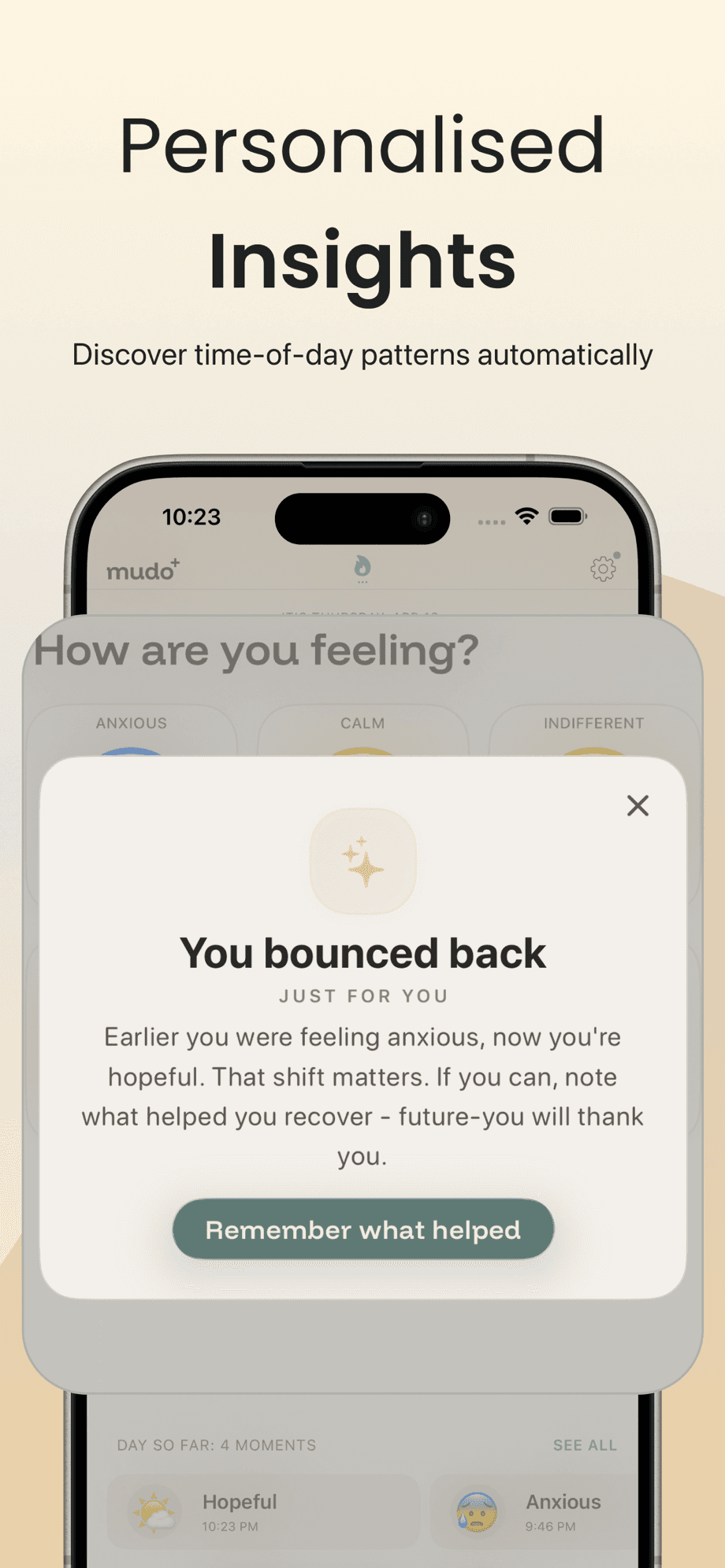 Mudo on-device AI insight card reflecting on a mood recovery