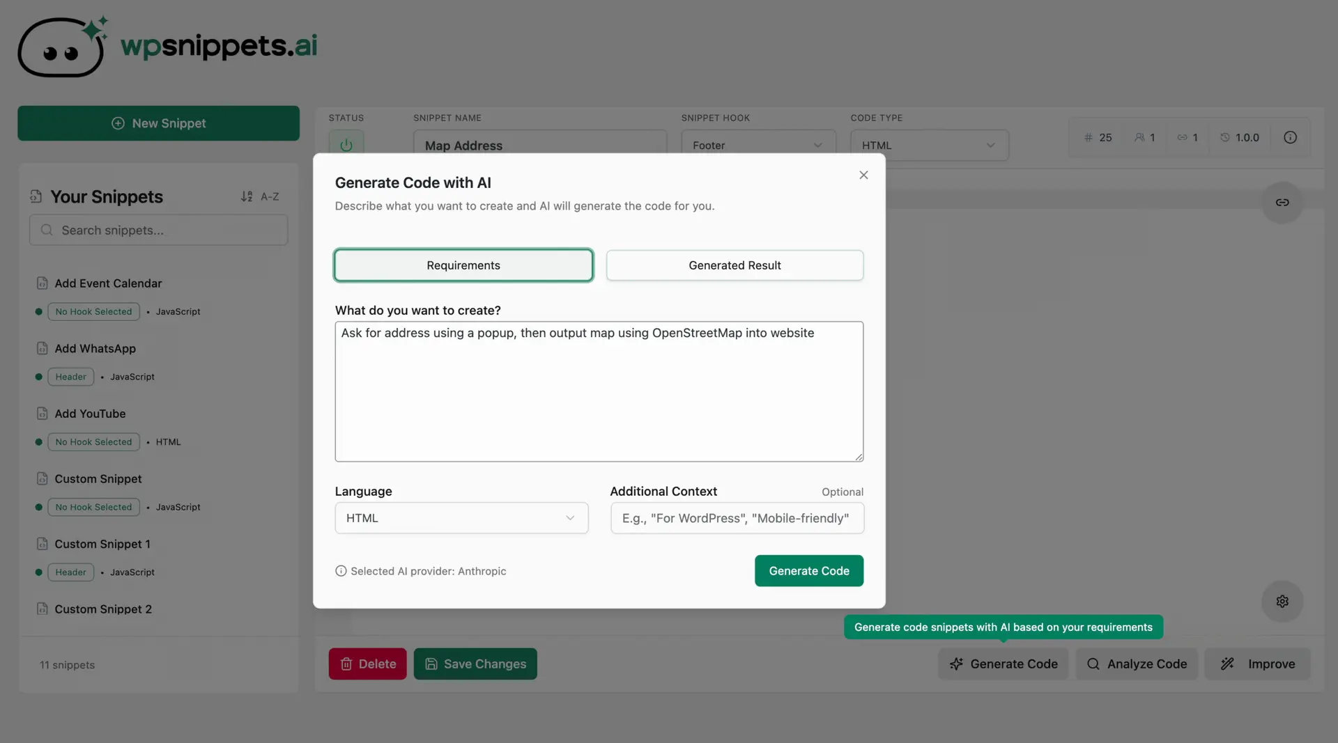 WP Snippets AI code generation dialog with a plain-English prompt, language selector, and the chosen AI provider