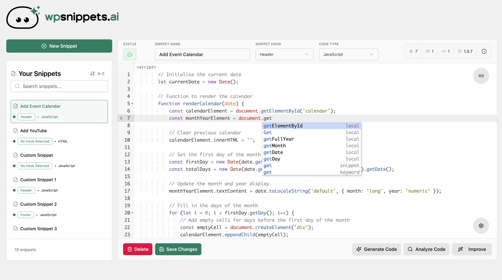 WP Snippets AI editor showing a JavaScript snippet with syntax highlighting and inline autocomplete
