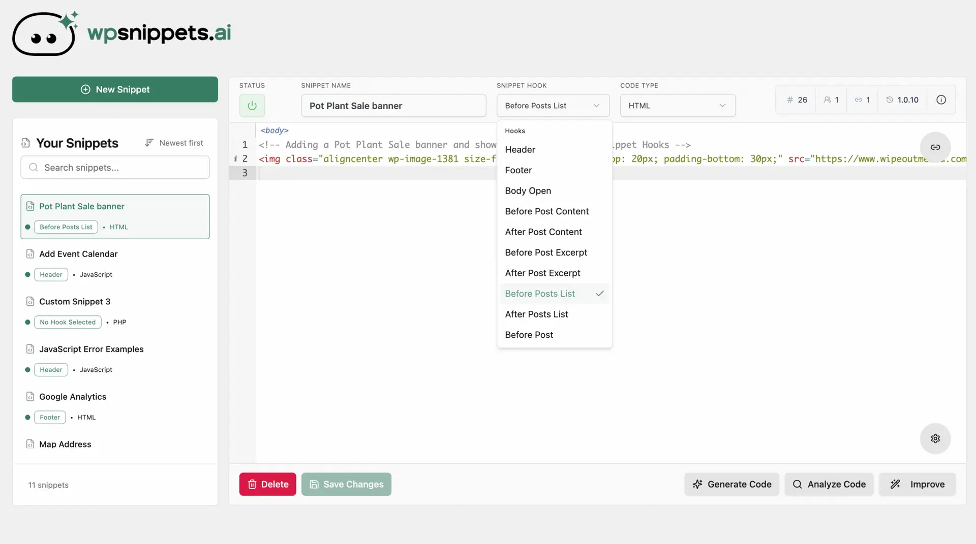 Snippet hook selector listing placement locations including header, footer, before post content, and before posts list
