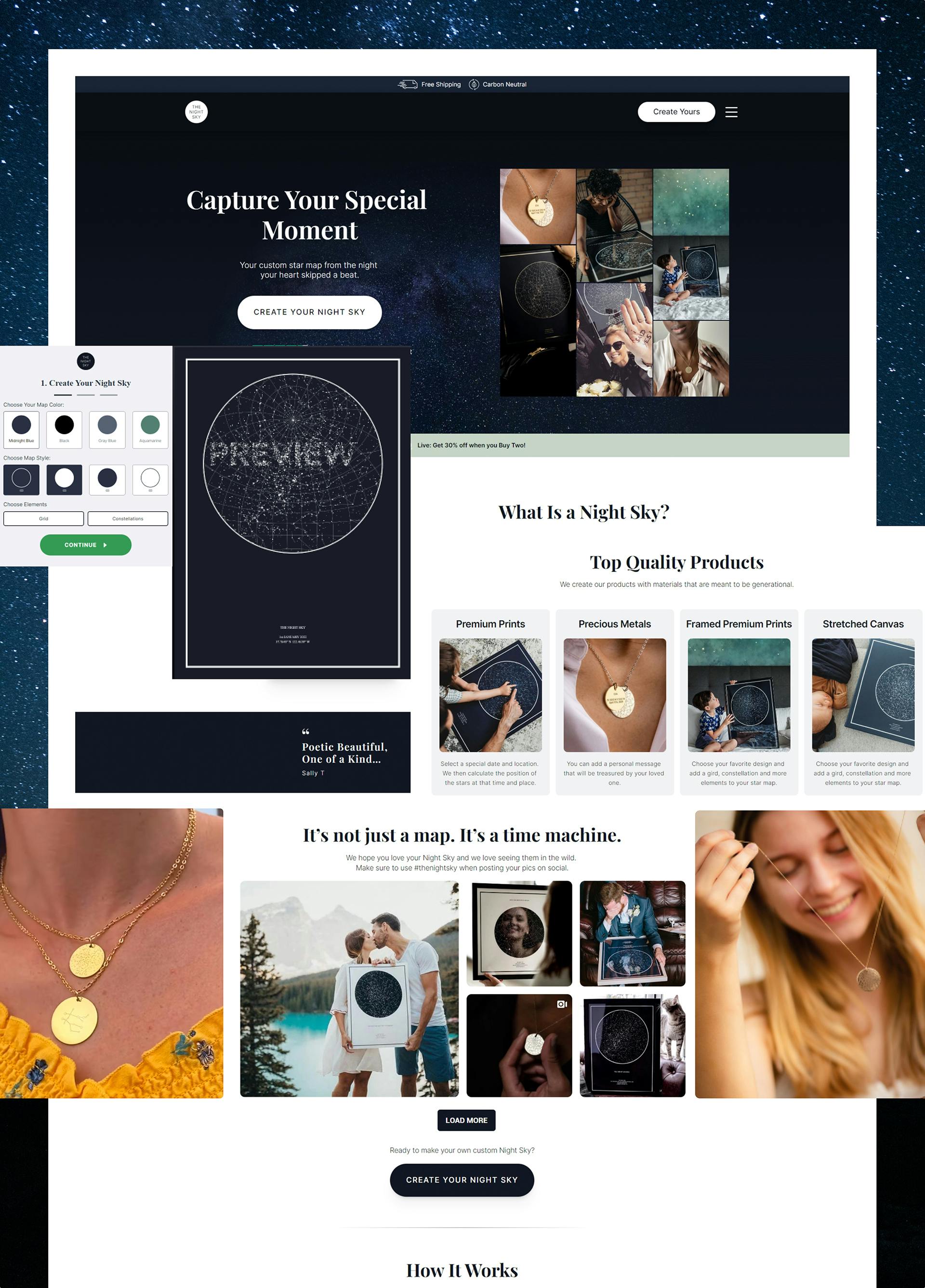 Webflow featuring customized celestial keepsake products for astronomy lovers